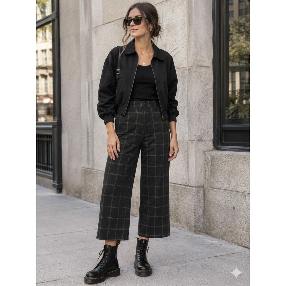 Madewell Slim Emmett Wide-Leg Crop Pants Black Windowpane Plaid - Size 29